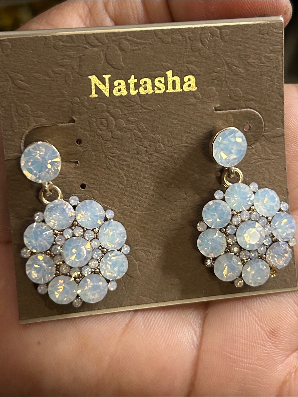 Natasha Couture Iridescent Opal Cluster Drop Earrings - White/Blue